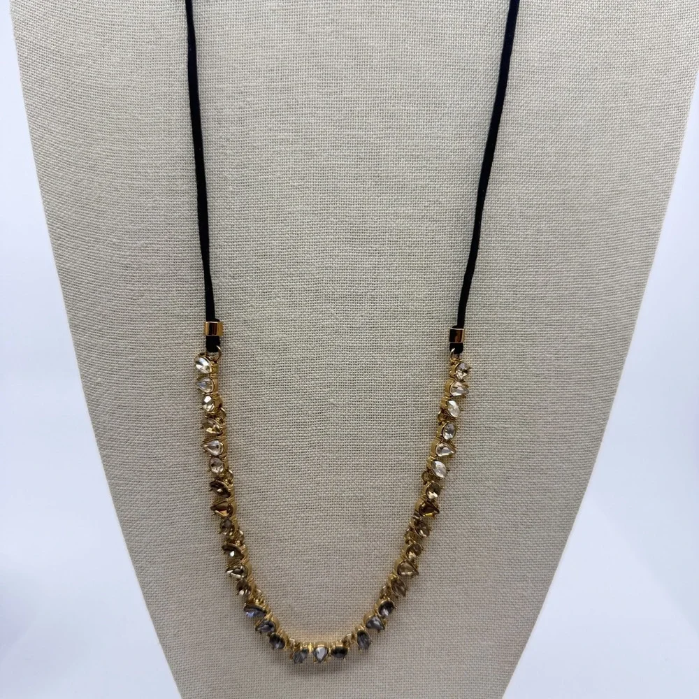 Gold Tone Smoky Gray Champagne Faceted Crystal Teardrop Cord Statement Necklace